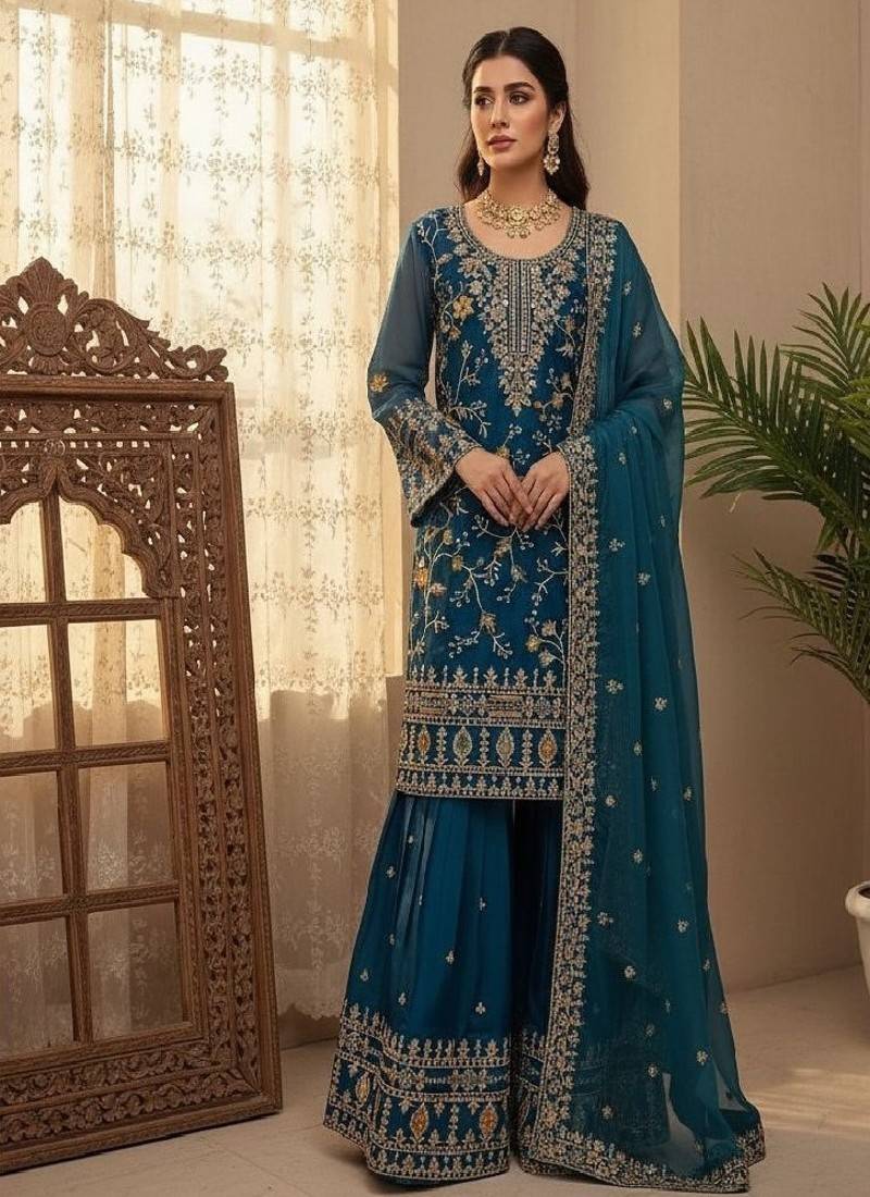 Dark-teal heavy embroidered sharara set