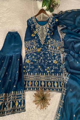 Dark-teal heavy embroidered sharara set 2