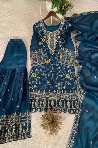Dark-teal heavy embroidered sharara set
