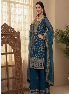 Dark-teal heavy embroidered sharara set 3