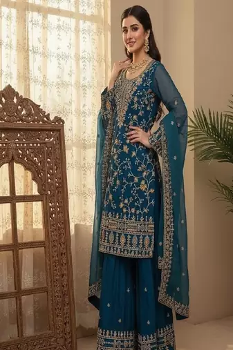 Dark-teal heavy embroidered sharara set