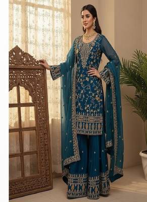 Dark-teal heavy embroidered sharara set 4