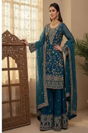 Dark-teal heavy embroidered sharara set