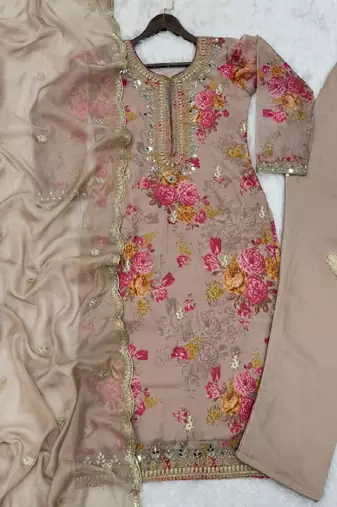 Beige floral straight kurta set