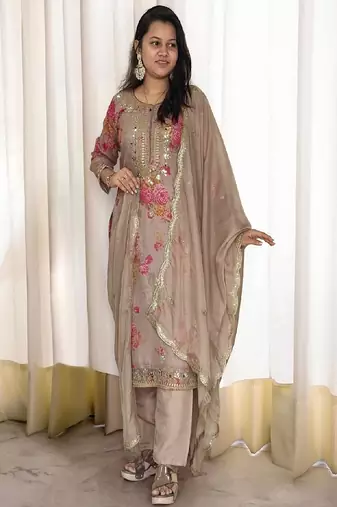 Beige floral straight kurta set