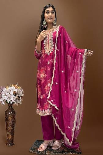 Rani-pink floral kurta pant set