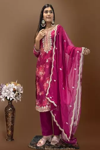 Rani-pink floral kurta pant set