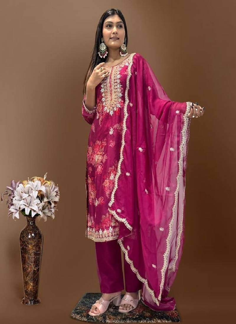 Rani-pink floral kurta pant set