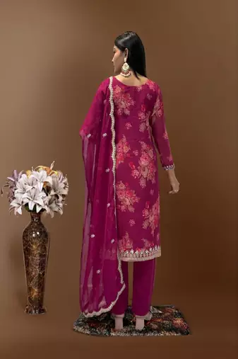 Rani-pink floral kurta pant set
