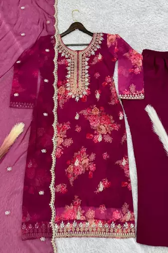 Rani-pink floral kurta pant set