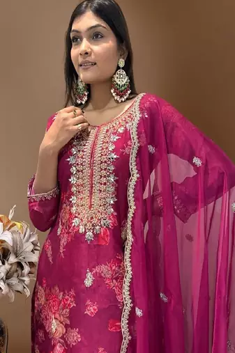 Rani-pink floral kurta pant set