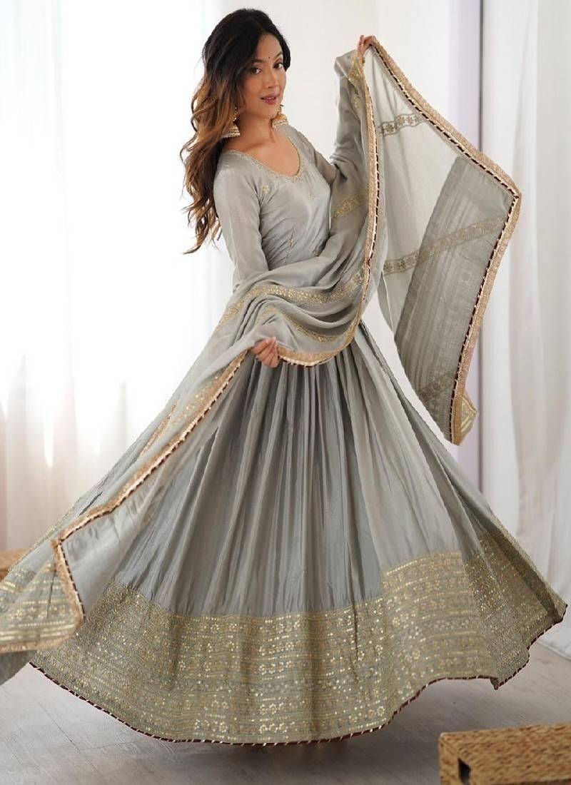 Grey anarkali gown set