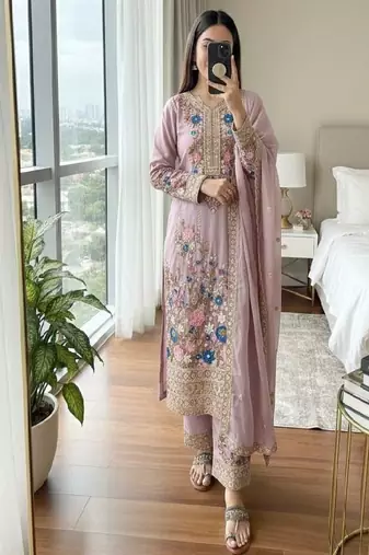 Light pink floral embroidered suit set