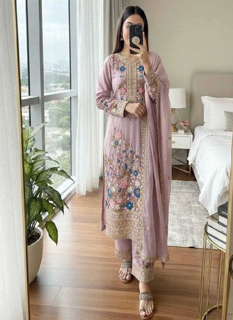 Light pink floral embroidered suit set