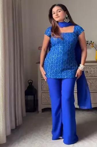 Royal blue short kurta with flared pants