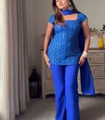 Royal blue short kurta with flared pants