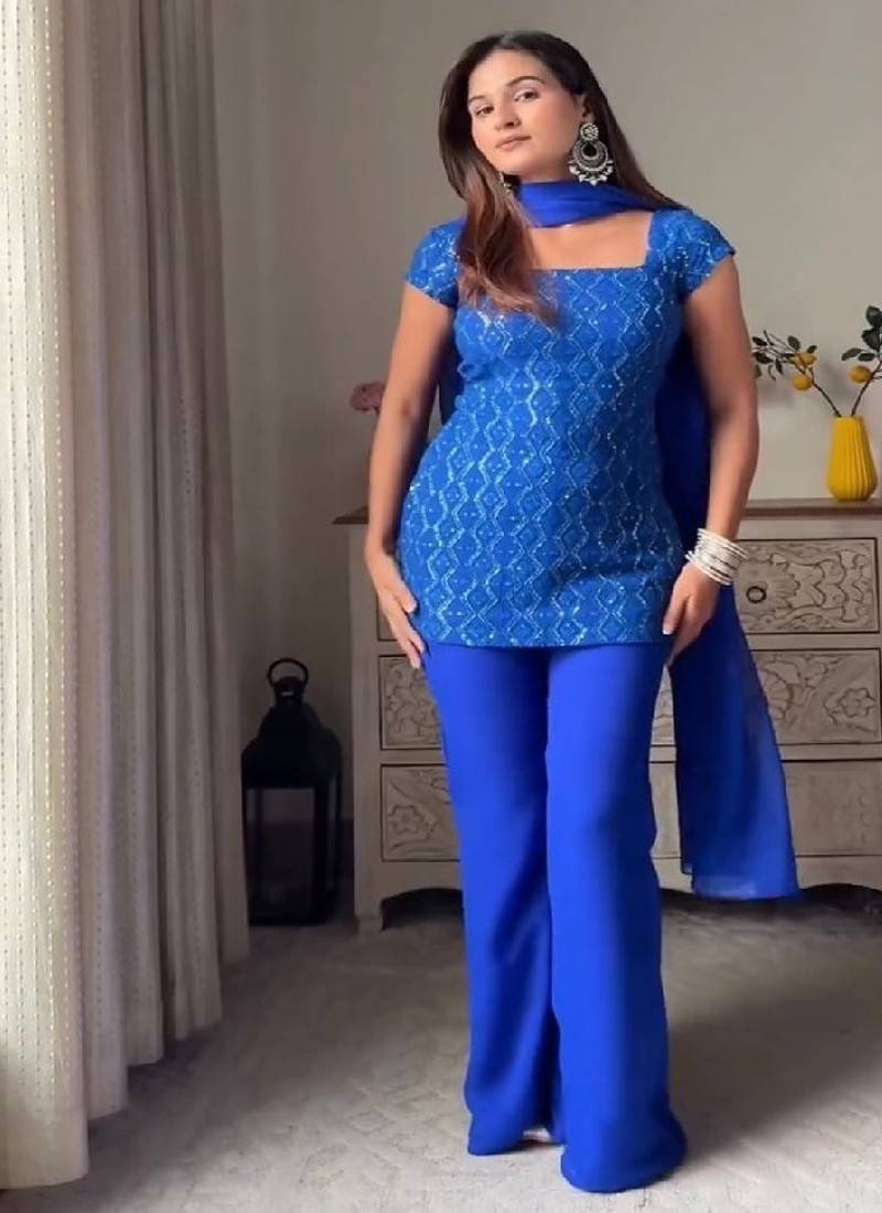 Royal blue short kurta with flared pants