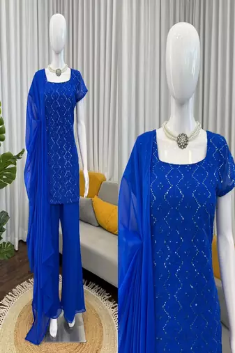 Royal blue short kurta with flared pants