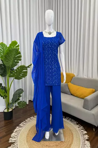 Royal blue short kurta with flared pants