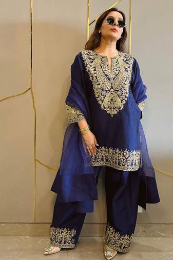 Navy blue embroidered palazzo set