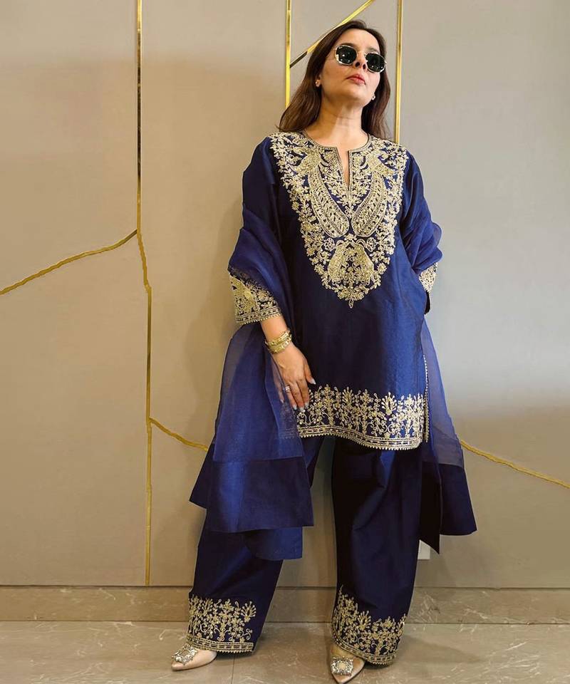 Navy blue embroidered palazzo set