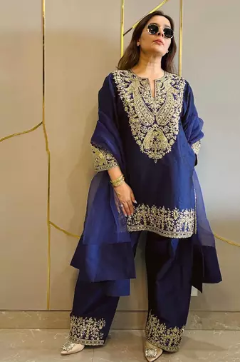 Navy blue embroidered palazzo set