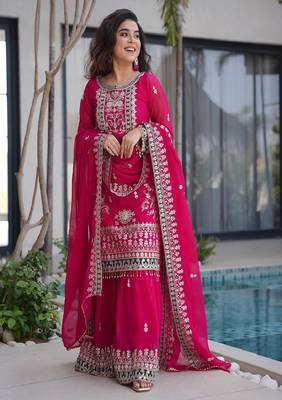 Deep pink heavy embroidered lehenga set 1