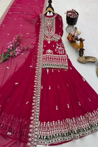 Deep pink heavy embroidered lehenga set