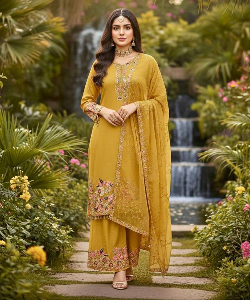 Mustard yellow floral palazzo suit