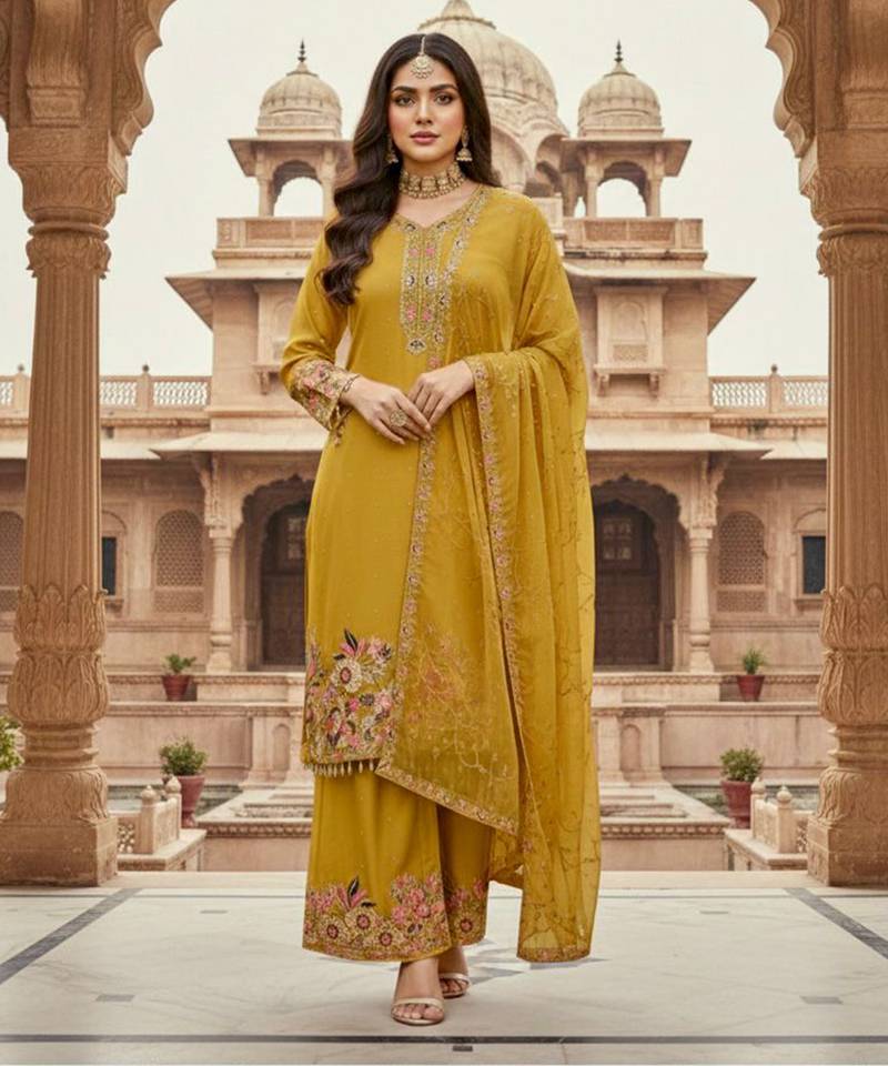 Mustard yellow floral palazzo suit