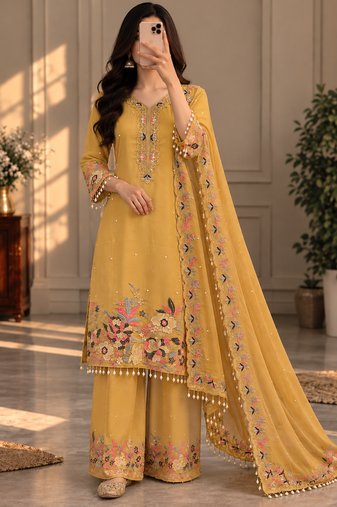 Mustard yellow floral palazzo suit