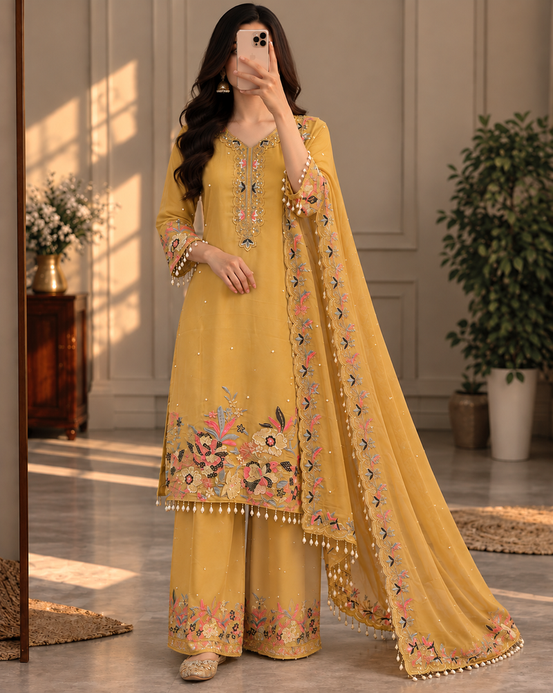 Mustard yellow floral palazzo suit