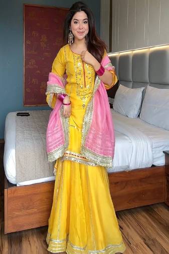 Bright yellow sharara set