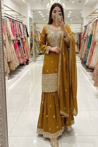 Mustard embroidered suit set