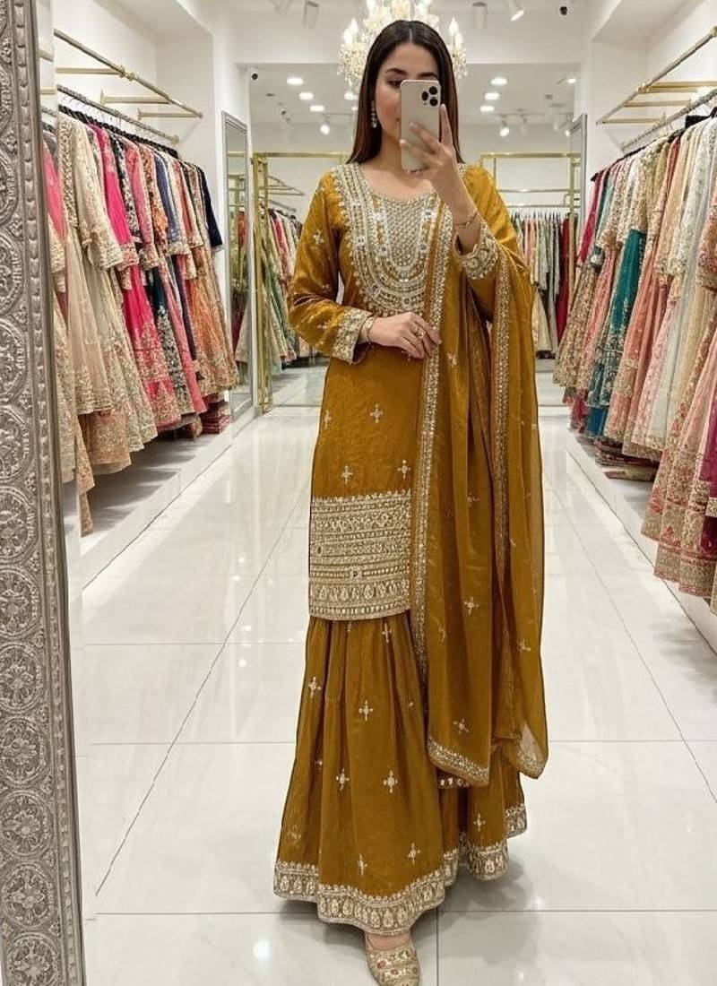Mustard embroidered suit set