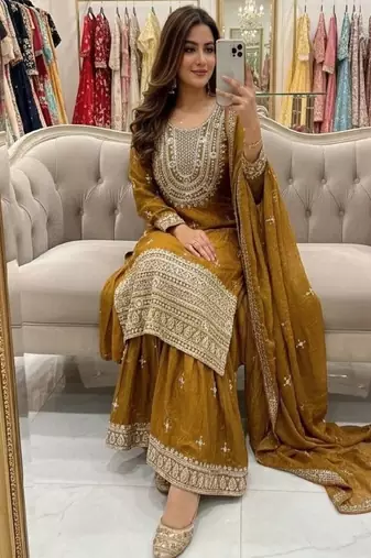 Mustard embroidered suit set