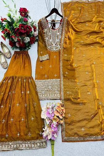 Mustard embroidered suit set