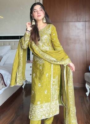 Olive green heavy embroidered suit set 1