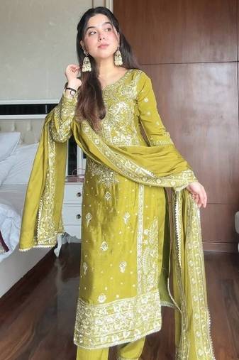 Olive green heavy embroidered suit set