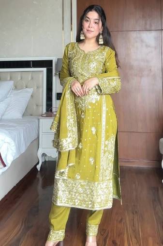 Olive green heavy embroidered suit set
