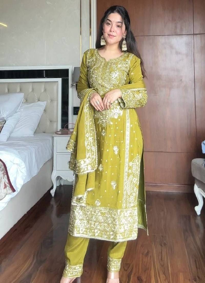 Olive green heavy embroidered suit set