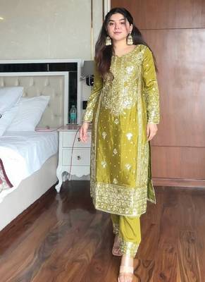 Olive green heavy embroidered suit set 3
