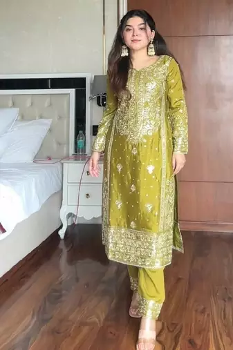 Olive green heavy embroidered suit set