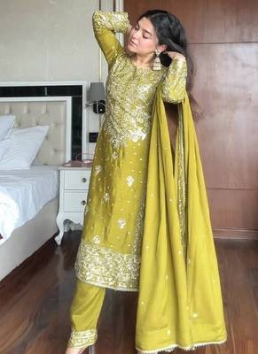 Olive green heavy embroidered suit set 4