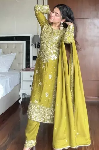 Olive green heavy embroidered suit set