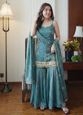 Teal blue sharara set 1