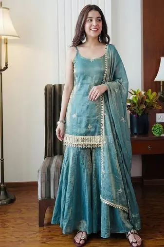 Teal blue sharara set