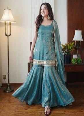Teal blue sharara set 4