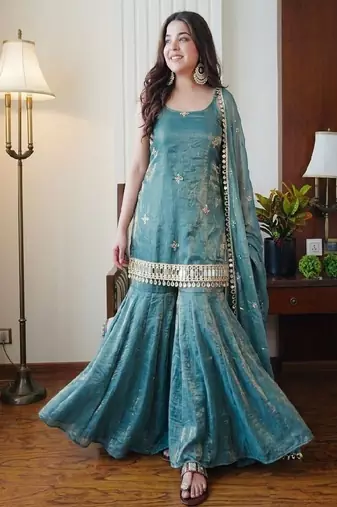 Teal blue sharara set