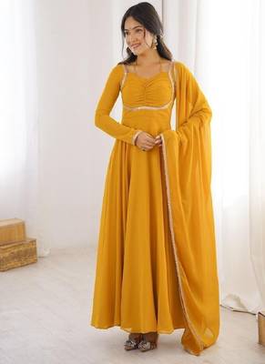 Dark yellow anarkali gown with dupatta 2